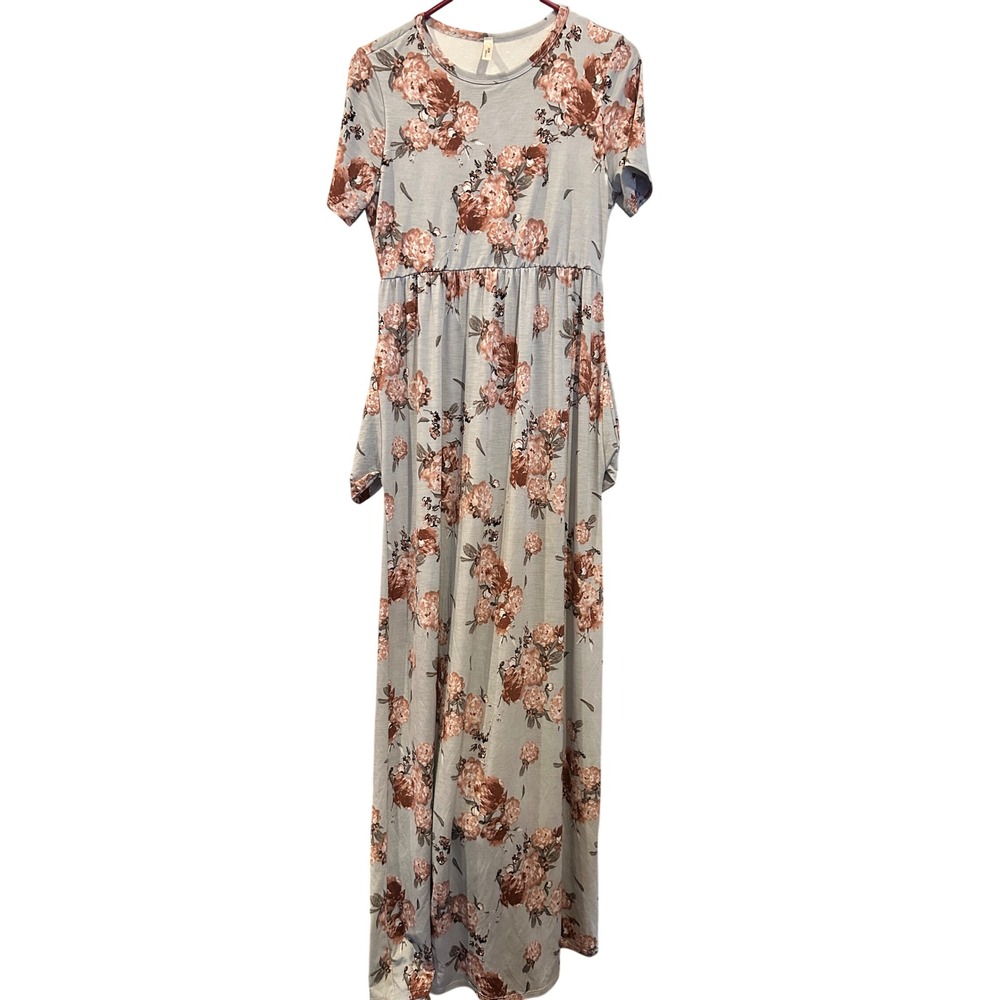 Jardin Floral Maxi Dress Light Blue Pink Brown Short Sleeve w Pockets
